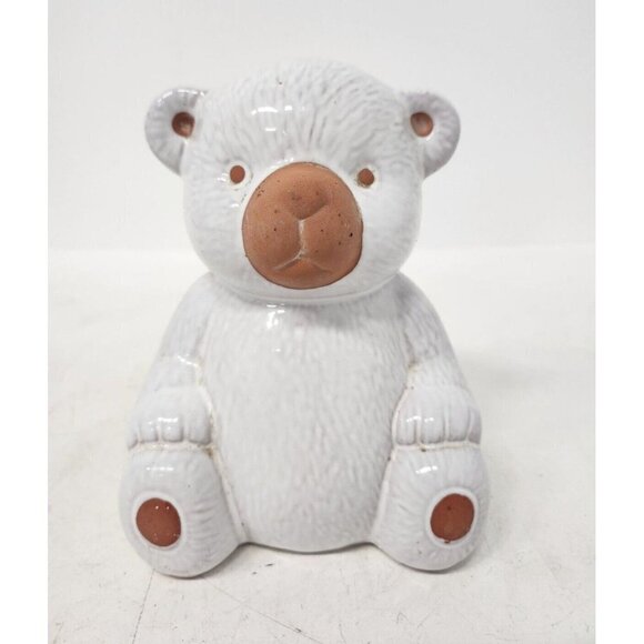 Vintage Terra Cotta Pottery White Teddy Bear Figurine Glazed Tabletop Home Decor - Picture 1 of 9
